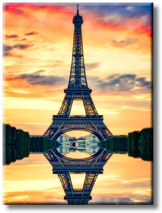 Eiffel Tower in Paris Water Reflection at Sunset Picture on Stretched Canvas, Wall Art Décor, Ready to Hang