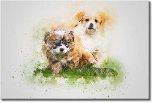 Puppies in Grass Picture on Stretched Canvas, Wall Art Décor, Ready to Hang