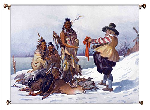 Thanksgiving Exchange with Natives Picture on Large Canvas Hung on Copper Rod, Ready to Hang, Wall Art Décor