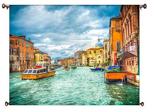 Venice Italy Buildings and Gondola Picture on Large Canvas Hung on Copper Rod, Ready to Hang, Wall Art Décor