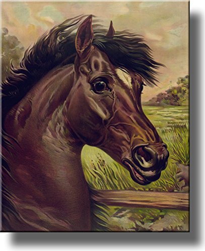 Vintage Painting of Black Horse Picture on Stretched Canvas, Wall Art Decor Ready to Hang!.