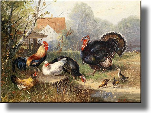 Village Turkey and Rooster Picture on Stretched Canvas, Wall Art Décor, Ready to Hang!