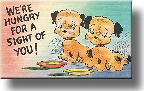 Two Adorable Puppies "Hungry for a Sight of You" Picture on Stretched Canvas, Wall Art Décor, Ready to Hang!