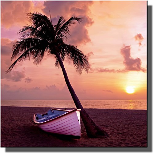 Palm Tree, Boat, Sunset, and Beach Picture on Stretched Canvas, Wall Art Decor Ready to Hang!.