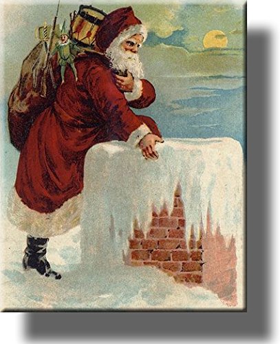 Santa Claus Coming Down the Chimney, Christmas Greeting Picture on Stretched Canvas, Wall Art Décor, Ready to Hang!