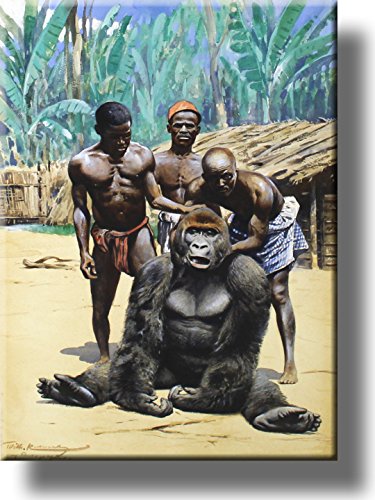 Villagers and Gorilla Picture on Stretched Canvas, Wall Art Décor, Ready to Hang!