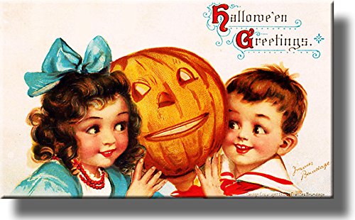 Halloween Boy and Girl with Pumpkin Picture on Stretched Canvas, Wall Art Décor, Ready to Hang!