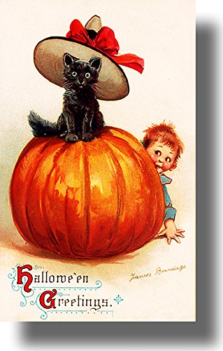 Halloween Black Cat in a Hat on Pumpkin Picture on Stretched Canvas, Wall Art Décor, Ready to Hang!