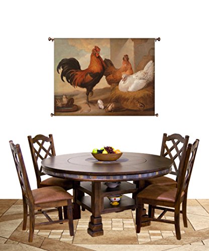 Rooster and Chicken Painting Picture on Canvas Hung on Copper Rod, Ready to Hang, Wall Art Décor