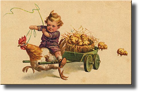 Boy Riding Chicken with Little Chicks Picture on Stretched Canvas, Wall Art Decor Ready to Hang!.