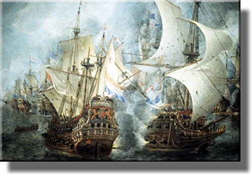 Sea Ship Battle Picture on Stretched Canvas, Wall Art Décor, Ready to Hang!