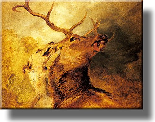 Hound Biting Stag Painting Picture on Stretched Canvas, Wall Art Décor, Ready to Hang!