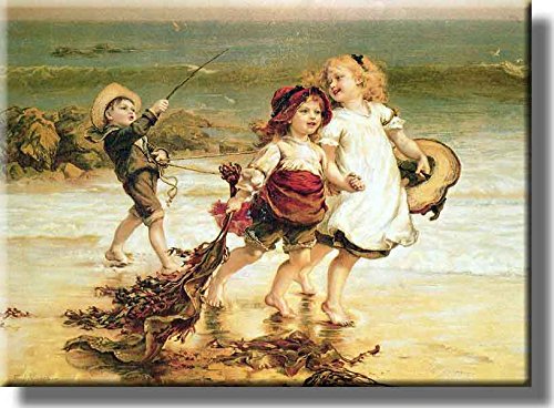 Kids Playing Sea Horses Ocean Picture on Stretched Canvas, Wall Art Decor, Ready to Hang!