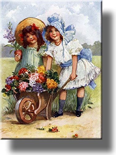 Vintage Art of Girls pushing Flowers in Cart Picture on Stretched Canvas, Wall Art Décor, Ready to Hang!