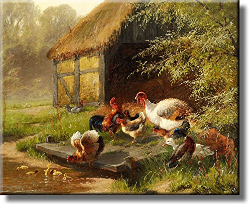 Farm White Turkey and Chickens Picture on Stretched Canvas, Wall Art Décor, Ready to Hang