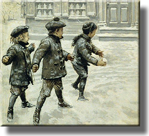 Boys Throwing Snowballs Picture Made on Stretched Canvas Wall Art Decor Ready to Hang!.