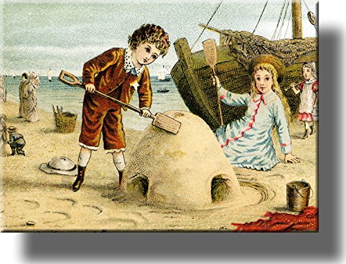 Boy and Girl Playing in Sand Vintage Style Picture on Stretched Canvas, Wall Art Décor, Ready to Hang!