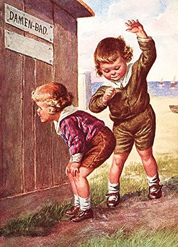 Boy Peeking into Ladies Outhouse Bathroom Picture on Stretched Canvas Wall Art Décor, Ready to Hang!