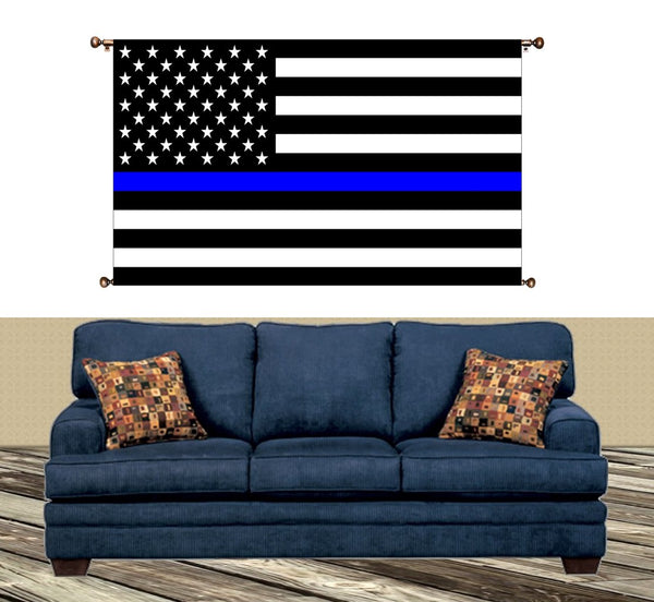 Blue Lives Matter, Flag with Blue Line Picture on Large Canvas Hung on Copper Rod, Ready to Hang, Wall Art Décor