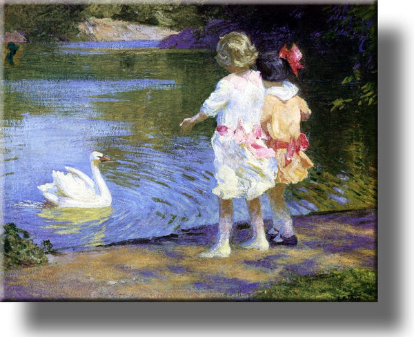 Children by the Swan Pond Picture on Stretched Canvas, Wall Art Décor, Ready to Hang!