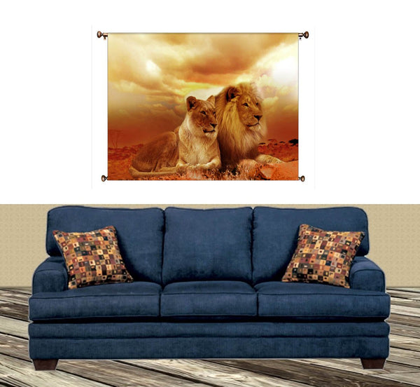 African Lion and Lioness Picture on Canvas Hung on Copper Rod, Ready to Hang, Wall Art Décor