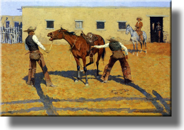 His First Lesson from Cowboy by Remington Picture on Stretched Canvas, Wall Art Décor, Ready to Hang!