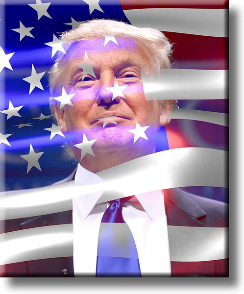 President Donald Trump with USA Flag Picture on Stretched Canvas, Wall Art Décor, Ready to Hang