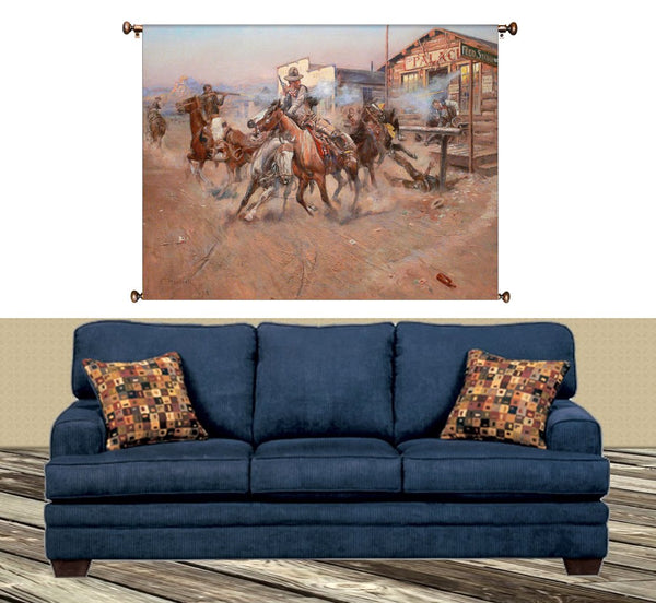 Cowboy Gun Fight Western Picture on Canvas Hung on Copper Rod, Ready to Hang, Wall Art Décor