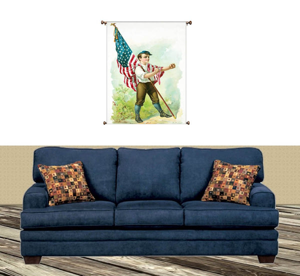 Boy Marching with American Flag Vintage Picture on Canvas Hung on Copper Rod, Ready to Hang, Wall Art Décor