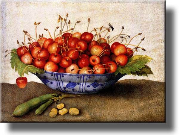 Chinese Plate of Cherries by Garzoni, Picture on Stretched Canvas Wall Art Décor, Ready to Hang!