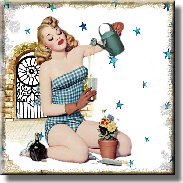 Vintage Gardening Pin Up Girl Picture on Stretched Canvas, Wall Art Décor, Ready to Hang