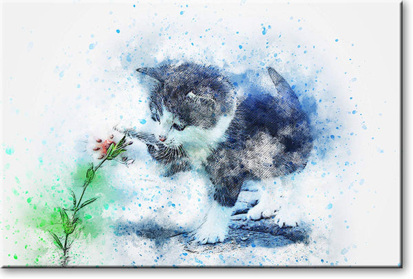 Kitten Playing with Flower Picture on Stretched Canvas, Wall Art Décor, Ready to Hang