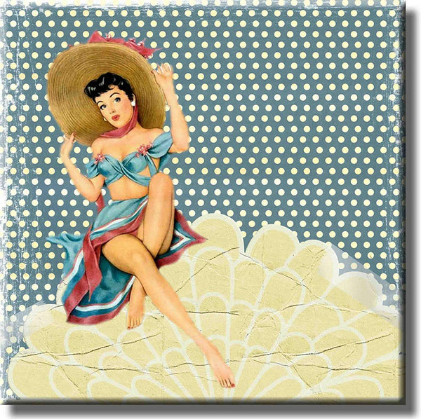 Vintage Retro Girl Beach Shell Bathroom Picture on Stretched Canavs, Wall Art Décor, Ready to Hang