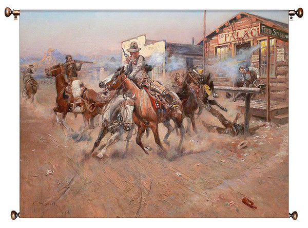 Cowboy Gun Fight Western Picture on Canvas Hung on Copper Rod, Ready to Hang, Wall Art Décor