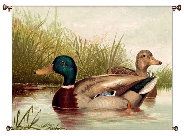 Ducks Swimming Picture on Canvas Hung on Copper Rod, Ready to Hang, Wall Art Décor