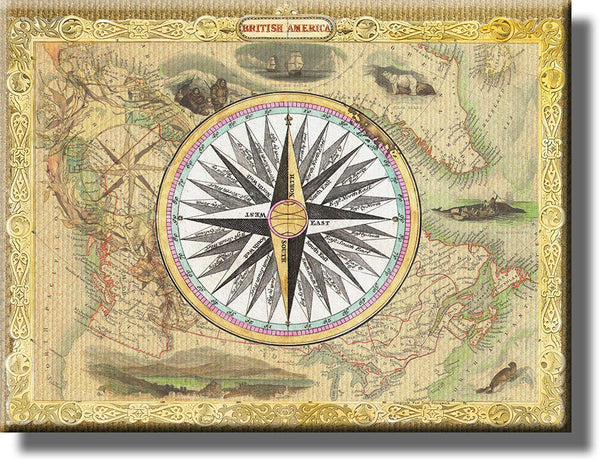 Vintage Map and Compass Picture on Stretched Canvas, Wall Art Décor, Ready to Hang