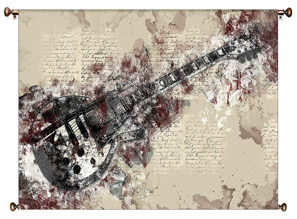 Electric Guitar Vintage Picture on Large Canvas Hung on Copper Rod, Ready to Hang, Wall Art Décor