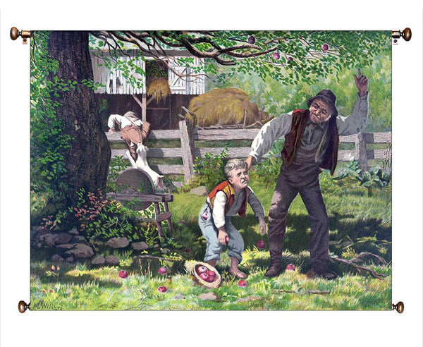 Boy Stealing Apples from a Yard Vintage Picture on Canvas Hung on Copper Rod, Ready to Hang, Wall Art Décor