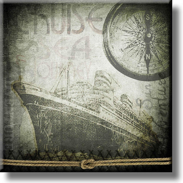 Vintage Cruise Ship and Compass Picture on Stretched Canvas, Wall Art Décor, Ready to Hang